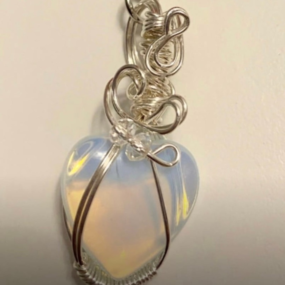 Elegant Silver wire wrapped Opal Heart Pendant Necklace